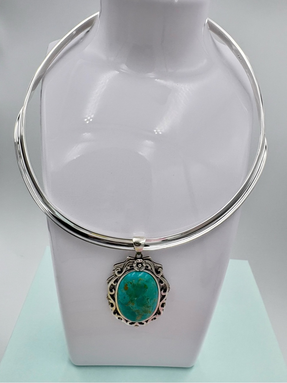 925 Sterling Silver Slide Choker Necklace Oval Turquoise Cabochon Pendant